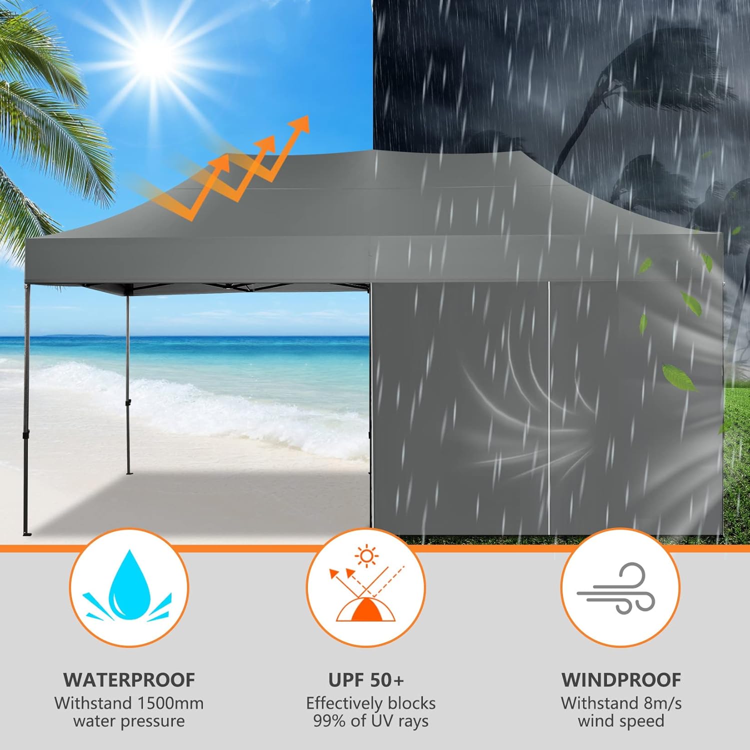 COBIZI 10x20 Pop up Canopy Tent Heavy Duty with 6 Sidewalls, Easy Set-up Commercial Outdoor Party Tent, 100% Waterproof Wedding Tent Gazebo, 3 Height Adjustable with Wheeled Bag,Gray