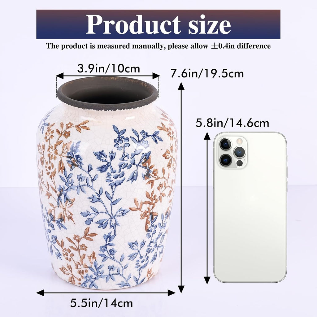 Vintage Vase for Flowers,Blue Chinoiserie Ceramic Vase,Rustic Farmhouse Cracked Vases,for Flower Arrangement,Living Room, Office, Shelf, Fireplace Tables,Centerpieces,Chinoiserie Pottery Decor(C)