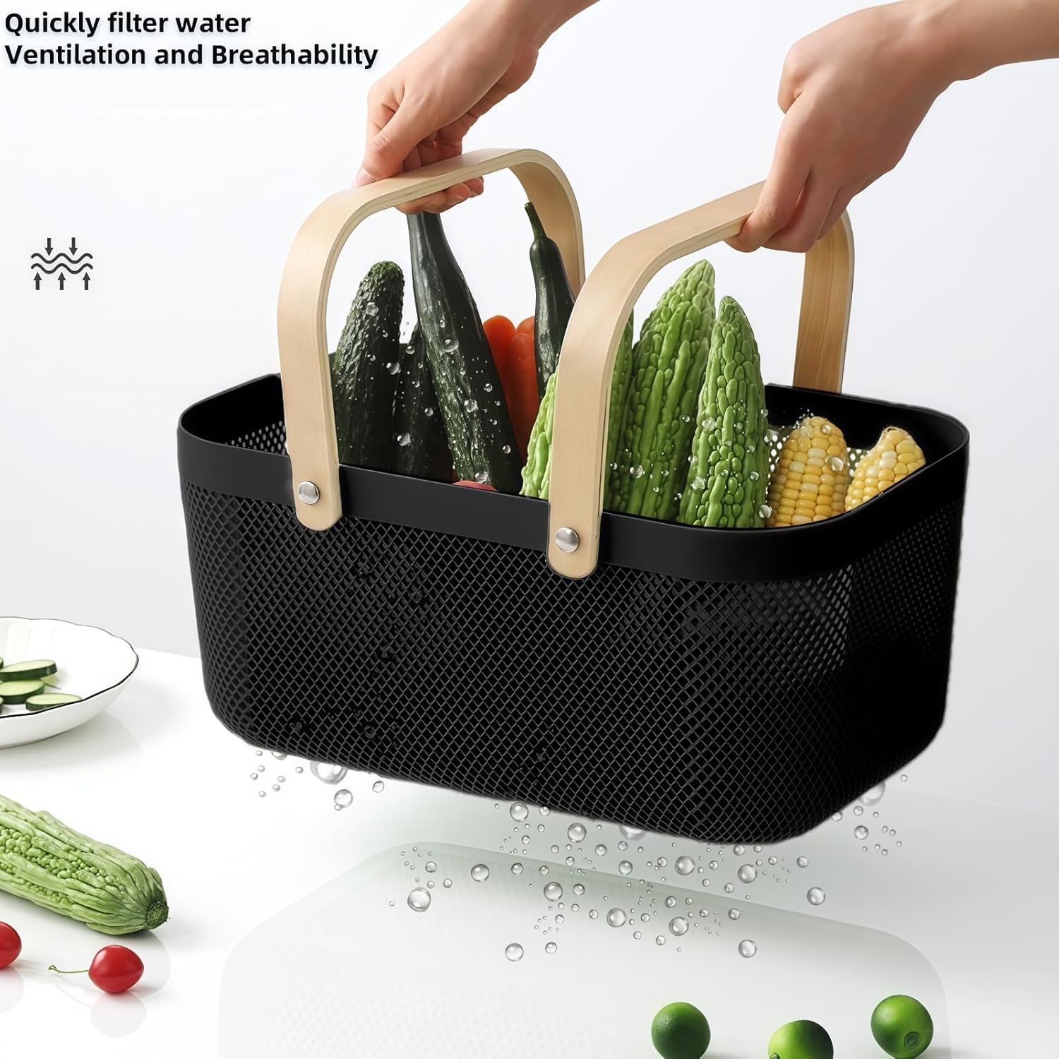 3pcs plastic harvest baskets, foldable wooden handles, rectangular garden storage baskets, for picking and collecting vegetables and fruits in the garden cabinet (Black)