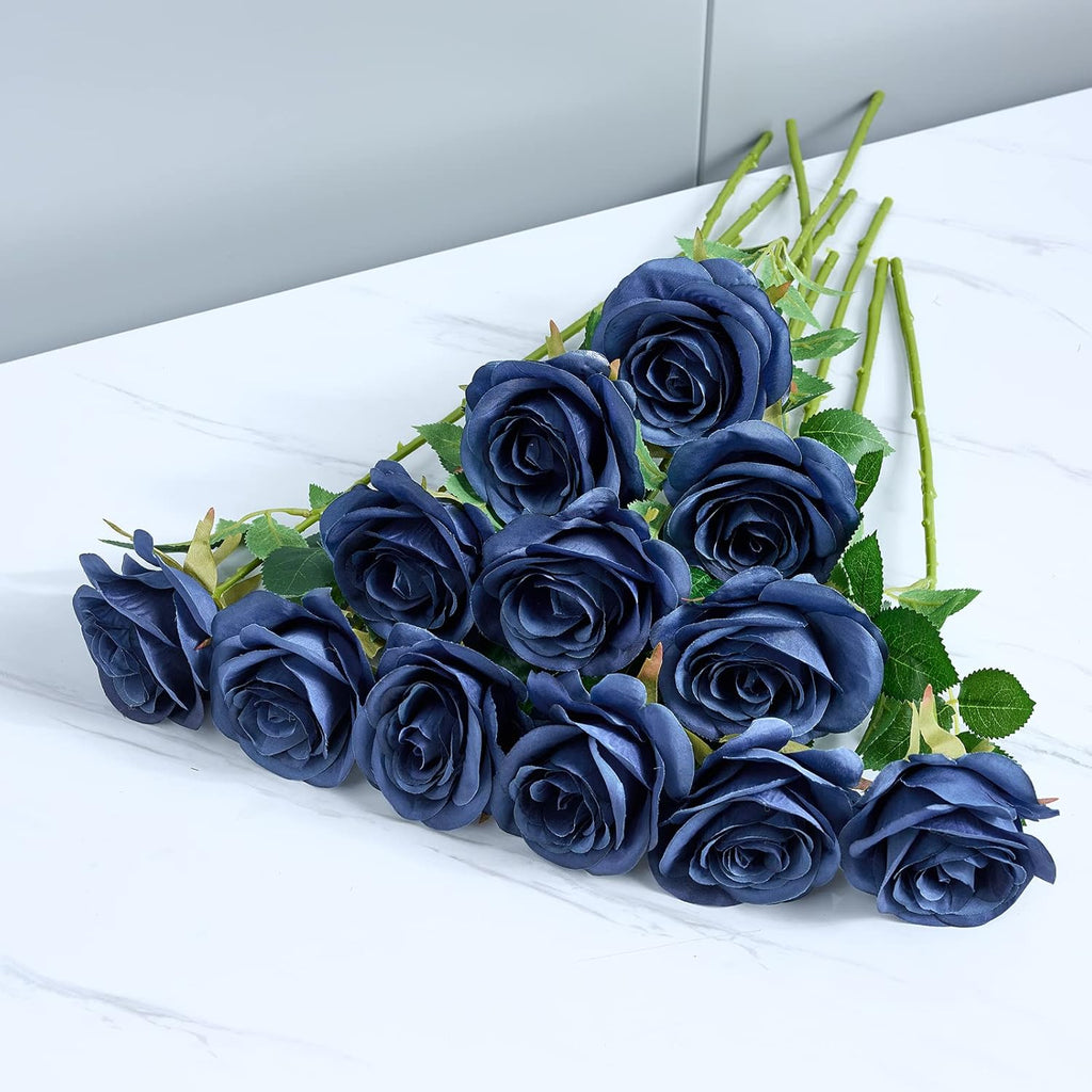 12pcs Roses Artificial Flowers Fake Roses Navy Blue Silk Roses Navy Silk Flowers Rose with Long Stems for Wedding Home Party Centerpieces Decorations