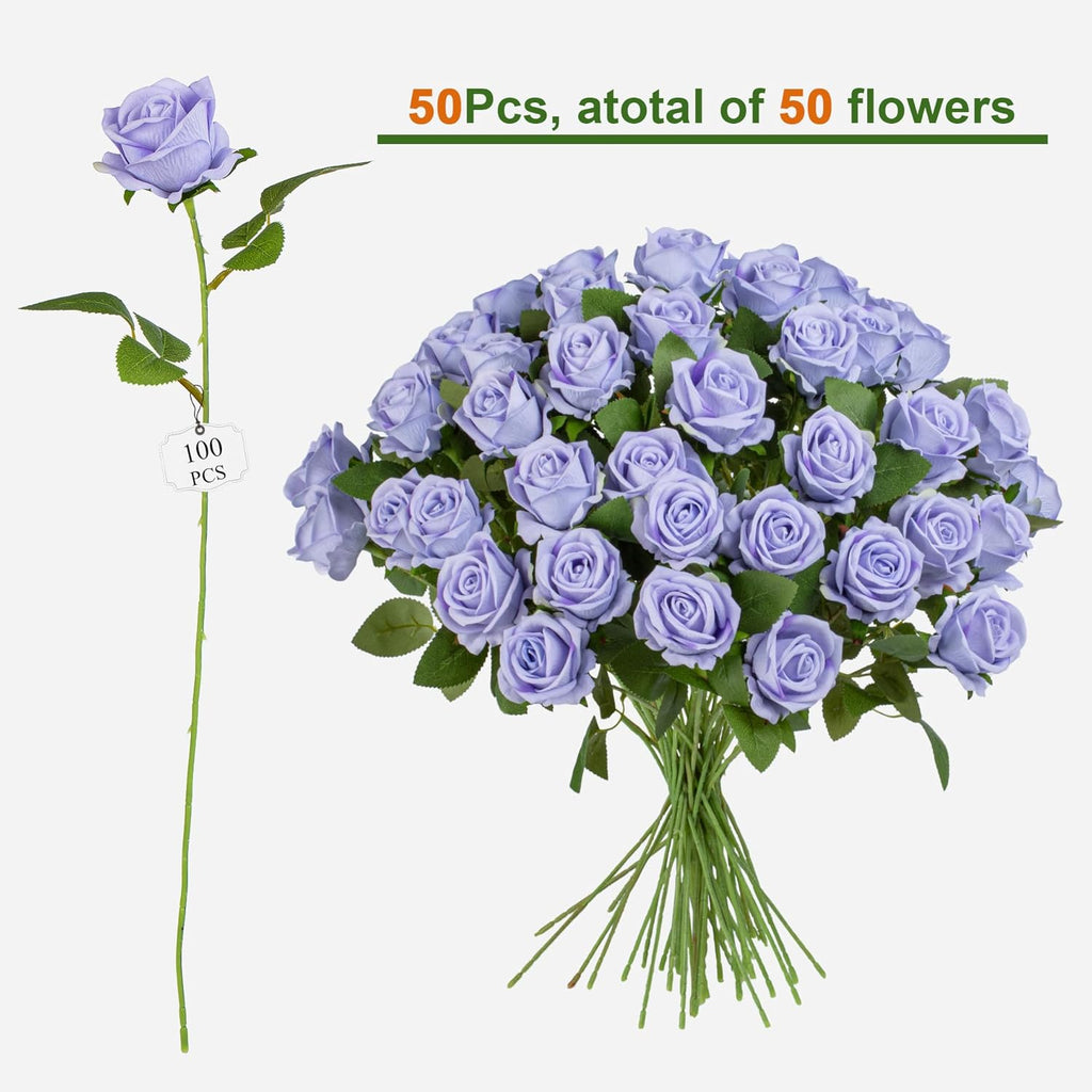 Fake Plants Roses Flowers Plastic Flowers Spring Decorations for Home Gifts for Gf Roses Artificial Flowers for Vase Fake Flowers Home Decor 19.6"(Light Purple 50PCS)