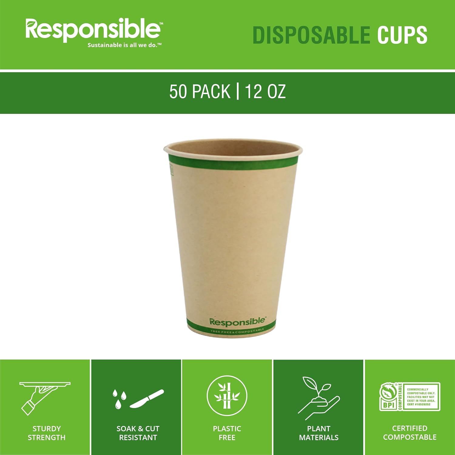Certified Compostable 12 oz Paper Cups, Cold ＆ Hot Coffee Cups, Disposable Paper Cups, Extra Strength Disposable Cups, Made without PFAS (50 count)