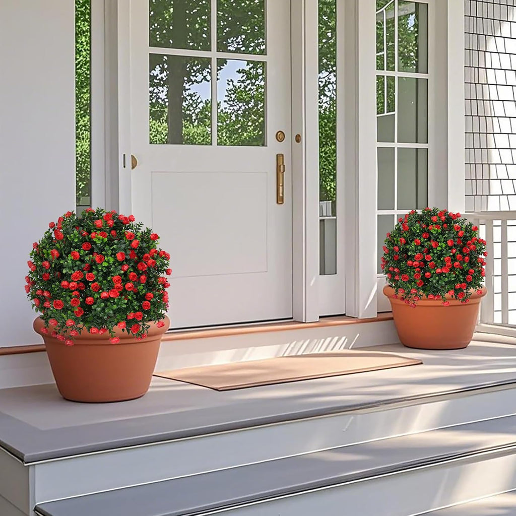 Artificial Boxwood Topiary Tree with Rose, Set of 2 Artificial Shrub Bushes with Ground Spike, Fake Evergreen Tree for Porch, Artificial Plants for Outdoor Planters Indoor UV Resistant
