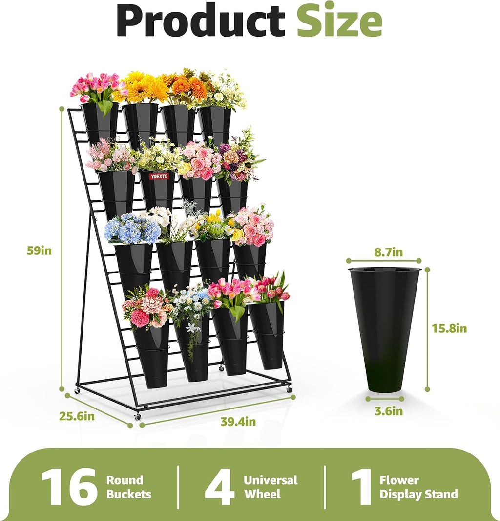 Flower Display Stand 4 Layers with 16 PCS Round Buckets, Plant Stand with Wheels, Movable Metal Plant Stand for Terrace Garden, Florist Shop