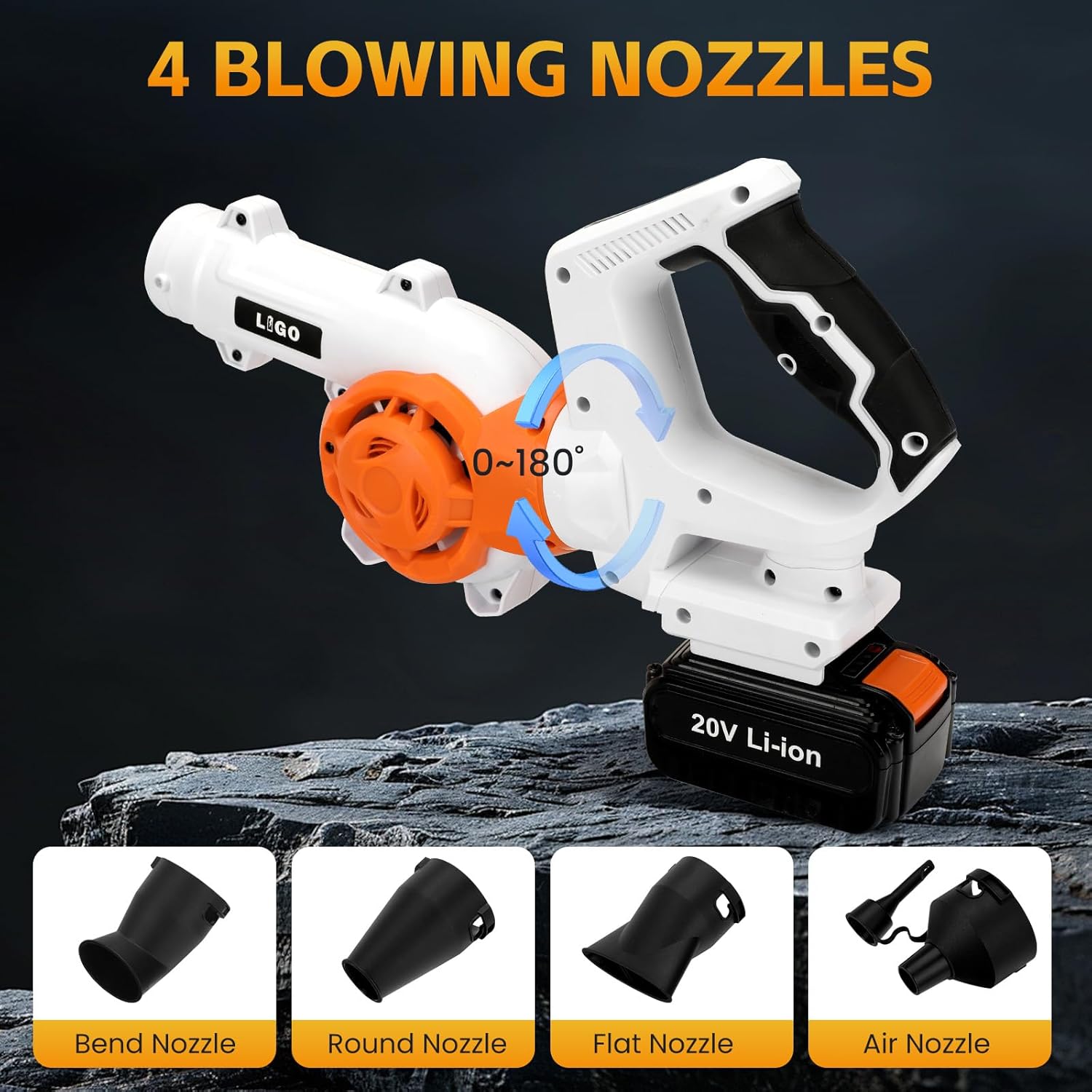 LIGO 20V Cordless Leaf Blower with 4.0Ah Battery, High-Speed Dual Fan, 3-Speed Memory & 180° Handle, 4 Nozzles with Extension Tube for Lawn, Workshop, Desktop