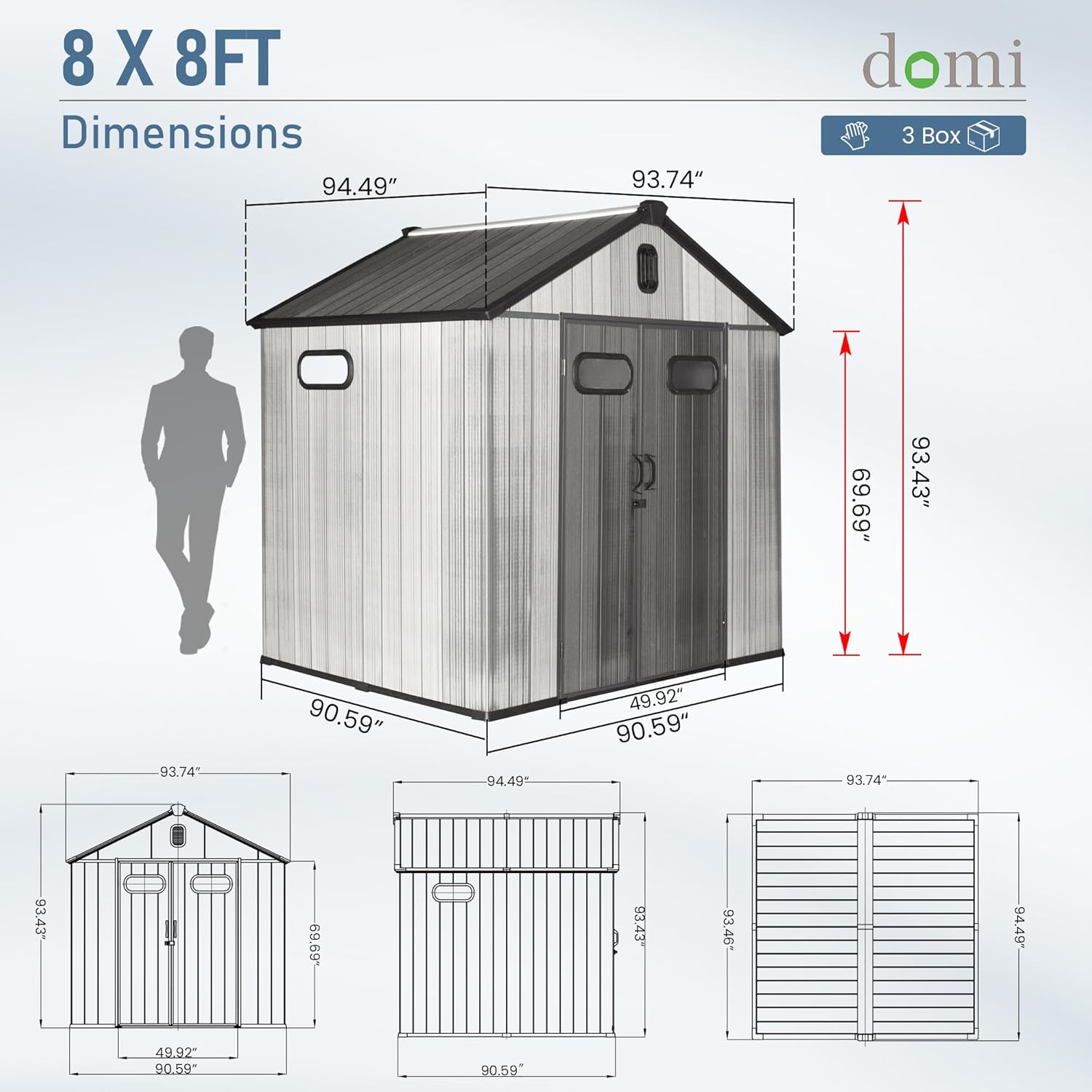 Domi 8x8 FT Outdoor Resin Storage Shed, All-Weather Double-Wall Storage Building for Backyard, Garden, Lawn Tools, Mower, Bike & Pool Equipment, Lockable Doors, Ventilated Roof, Grey
