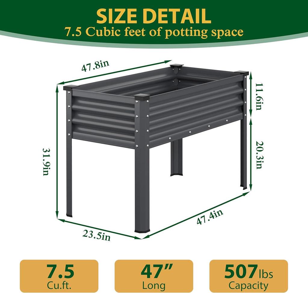 MUPATER Galvanized Steel Raised Garden Bed with Legs, 47.8" L x 23.5" W x 31.9" H Large Metal Elevated Raised Planter Box with Detachable Black Liner for Backyard, Patio, Balcony, Gray