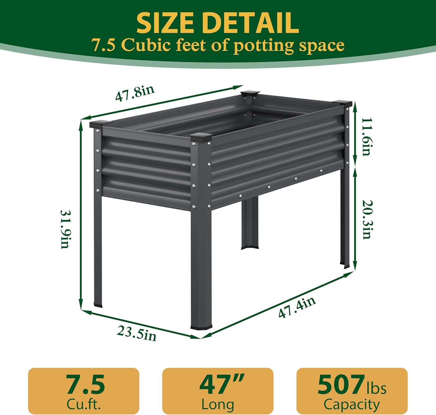 MUPATER Galvanized Steel Raised Garden Bed with Legs, 47.8" L x 23.5" W x 31.9" H Large Metal Elevated Raised Planter Box with Detachable Black Liner for Backyard, Patio, Balcony, Gray