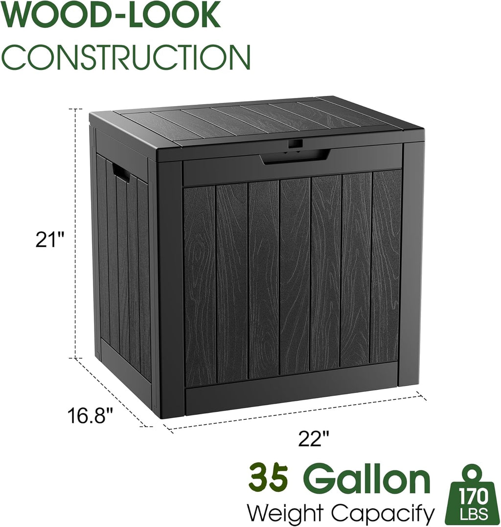 KAMABOKO Deck Box, 35 Gallon Resin Indoor and Outdoor Storage Boxes Waterproof for Garden Tools, Pool Accessories Storage Bench, Patio Furniture and Cushions with Lockable Lid, Black