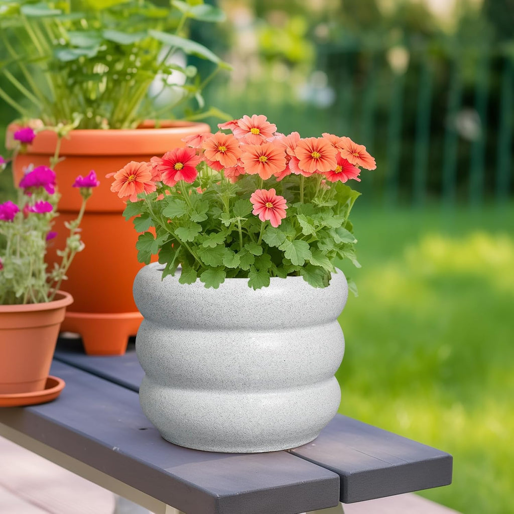 SQOWL Ceramic Planter for Indoor Plants - 8 Inch Plant Pot with Drainage Hole Outdoor Flower Pot Modern Round Planter Medium Plant Pot for Garden Office Decor White