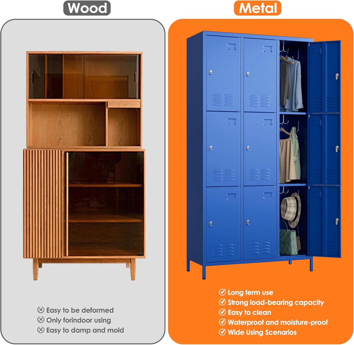 9 Doors Metal Lockers for Employees with 27 Hooks, Storage Locker with Business Card Holder for Office Gym School Bedroom, Assembly Required, Blue