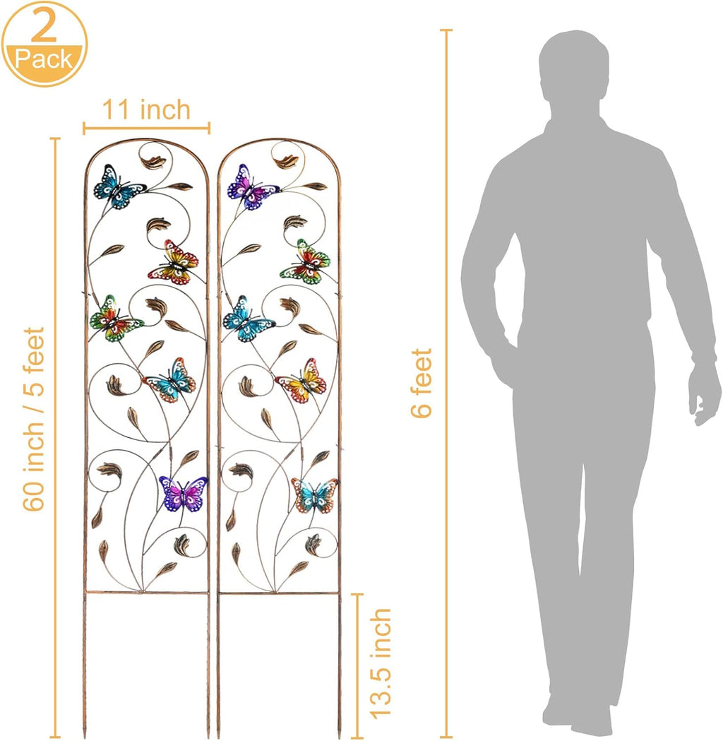 LEWIS&WAYNE 2 Pack Metal Garden Trellis with Colorful Butterfly 60 Inch High Outdoor Decoration Arched Fence Trellis for Climbing Plants for Patio, Lawn, Yard, Backyard, Wall Brackets