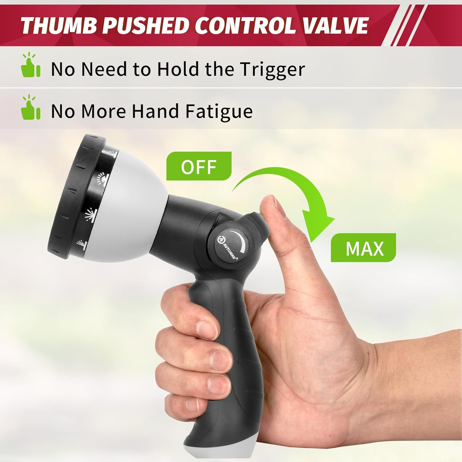 AUTOMAN Garden Hose Nozzle - 10 Adjustable Spray Patterns, Thumb Flow Control Hose Sprayer, Water Hose Spray Nozzle for Plants Watering, Car Washing, Window Cleaning, Pets Bathing, Outdoor Fun, Black