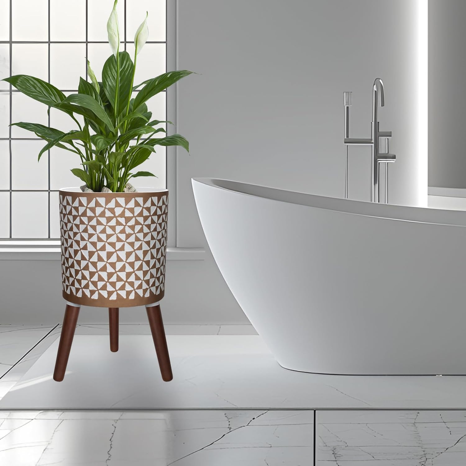 10 Inches Plant Pots with Wood Stand Large Modern Standing Planters for Indoor Mid Century Flower Pot with Drainage Holes Big White & Gold Planters for Living Room, Office, Garden or Balcony