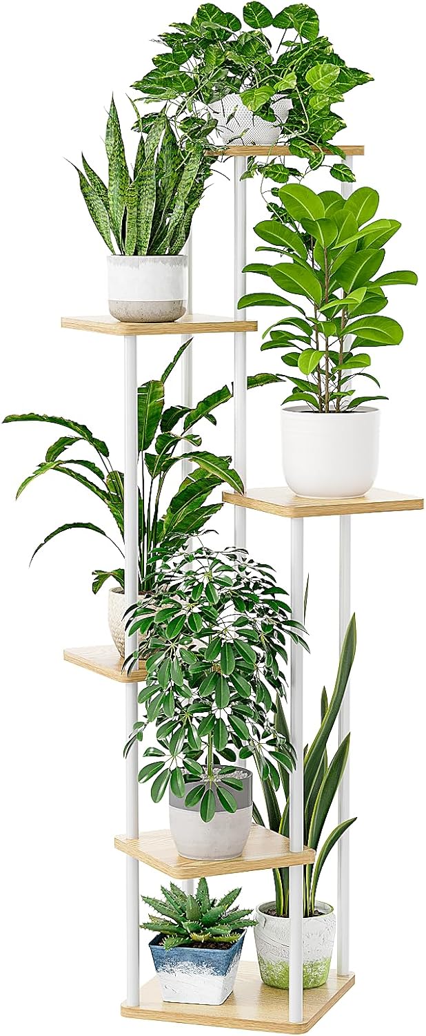 Bamworld Tall Plant Stand Indoor 6 Tier Metal Plant Shelf for Large Plants Corner Tiered Flower Stand for Patio Garden Balcony Living Room Bedroom White