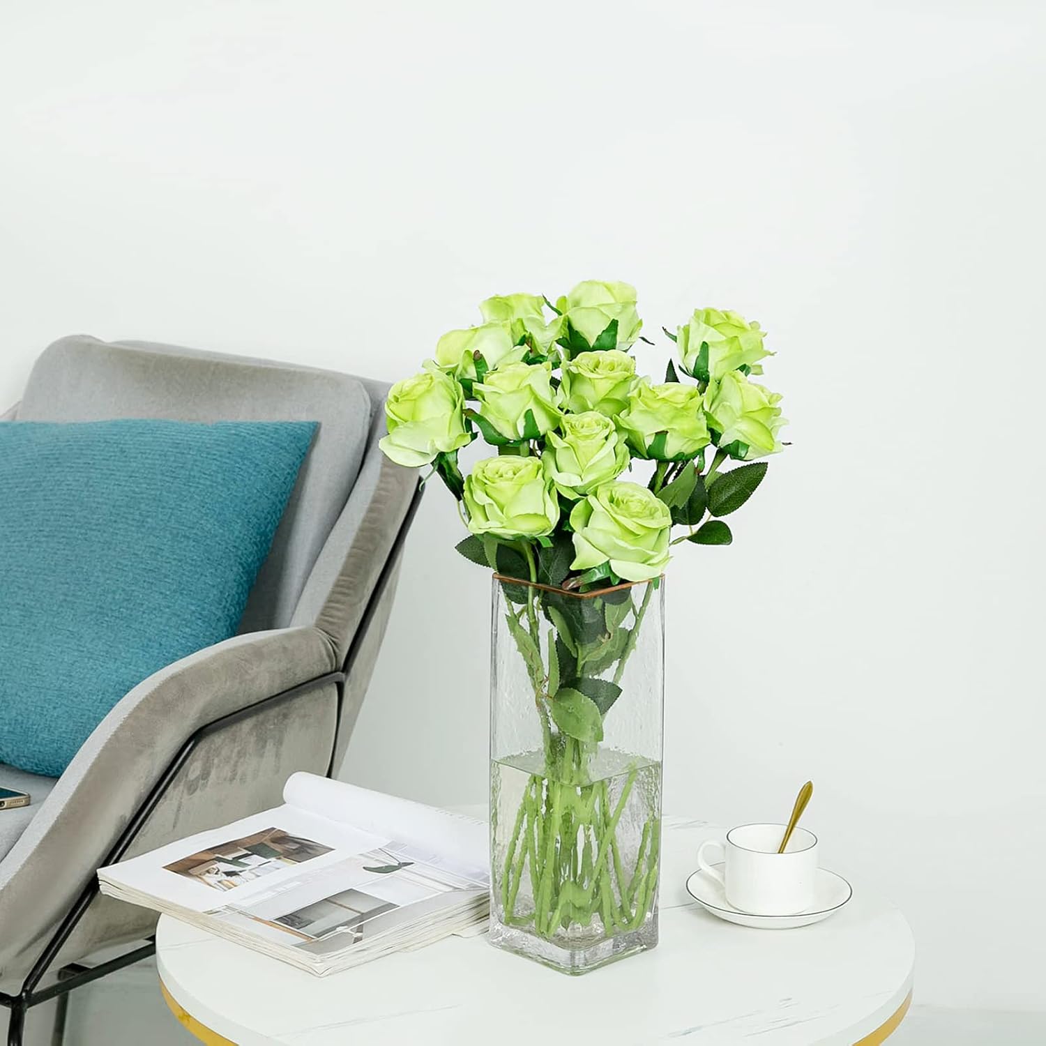 Hawesome 12PCS Artificial Silk Flowers Realistic Roses Bouquet Long Stem for Home Wedding Decoration Party (Green)