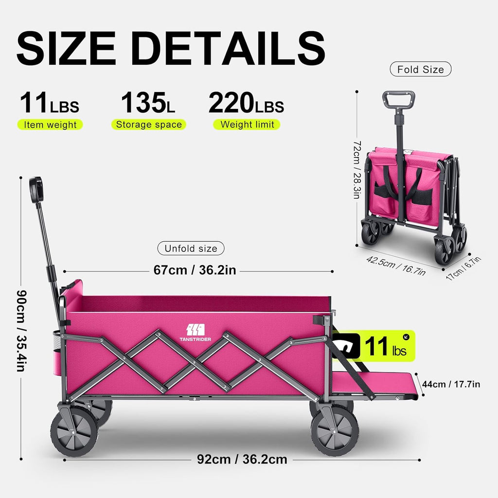 Collapsible Wagons Carts Foldable with Extended Tailgate, Folding Wagon Cart on Wheels, Portable Heavy Duty Shopping Carts for Groceries, Apartment, Garden, Camping, Sports, Outdoor (Pink)