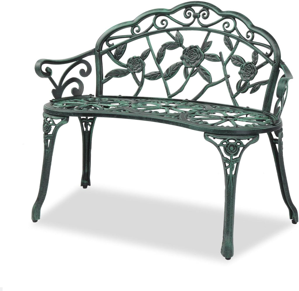 VINGLI 38.5" Patio Park Garden Outdoor Metal Rose Bench,Cast Iron Cast Aluminium Frame Antique Finish Chair,Accented Lawn Front Porch Path Yard Decor Deck Furniture for 2 Person Seat（Green&Black