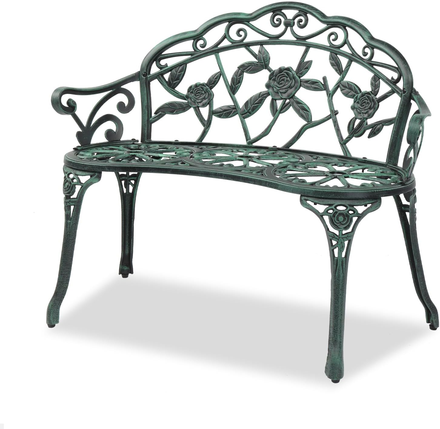 VINGLI 38.5" Patio Park Garden Outdoor Metal Rose Bench,Cast Iron Cast Aluminium Frame Antique Finish Chair,Accented Lawn Front Porch Path Yard Decor Deck Furniture for 2 Person Seat（Green&Black