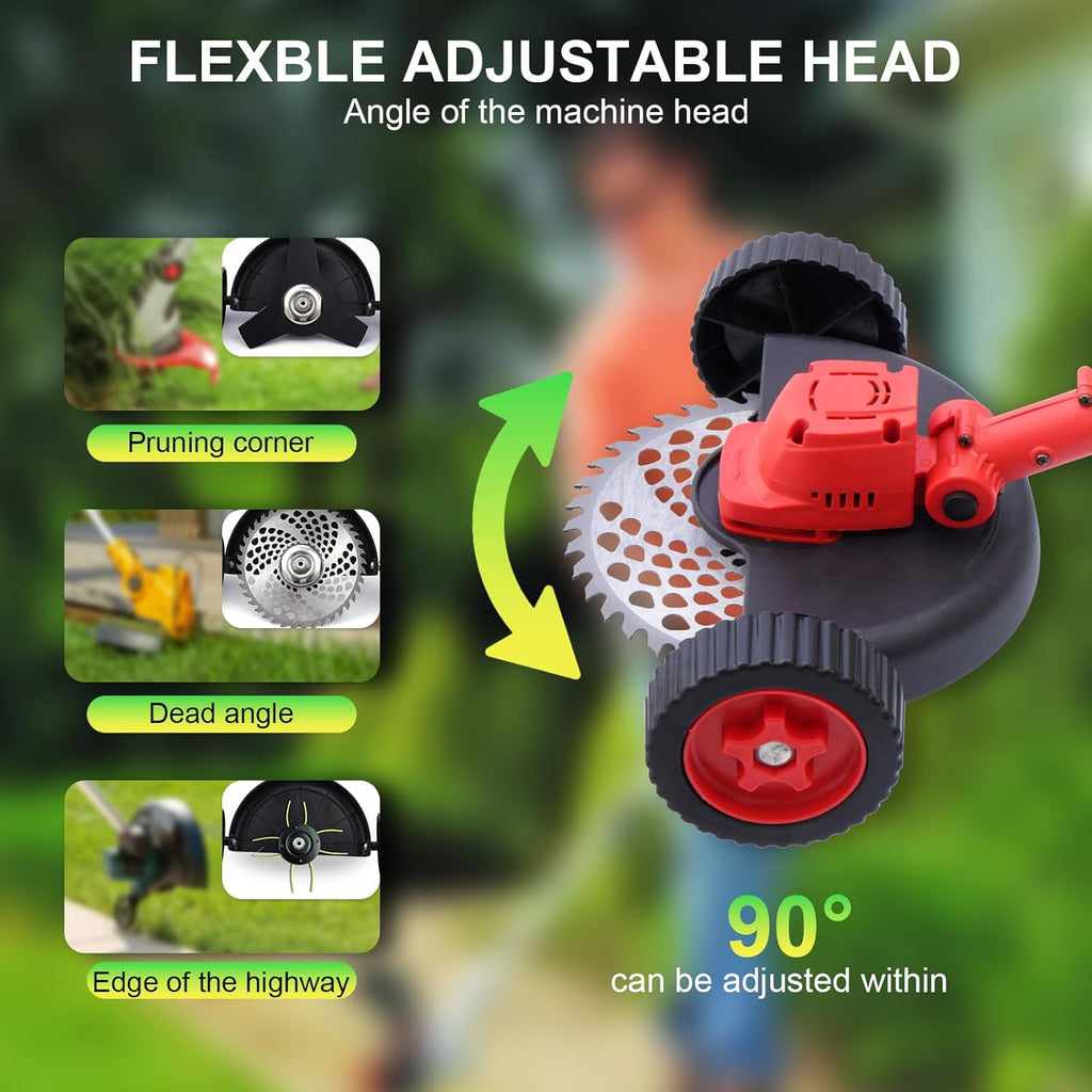 Electric Weed Wacker Cordless Weed Eater Battery Powered, 21V Stringless Grass Trimmer/Edger/Brush Cutter/Lawn Mower, 2 Battery with Wheel & Blades for Yard Garden