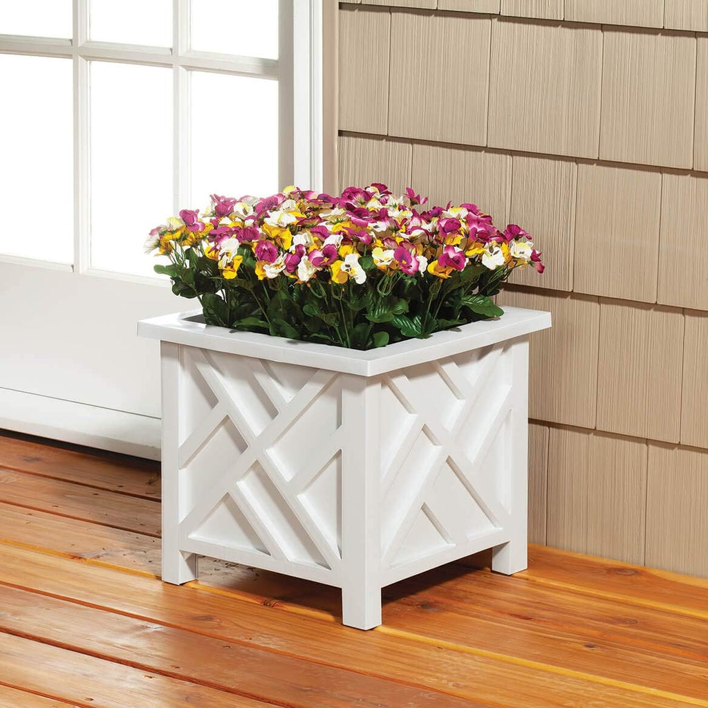 Miles Kimball Set of 2 Chippendale Planter Boxes, White – Outdoor Flower Holder for Garden, Patio and Lawn – 14 ¾” sq. x 13 ¼ H Overall