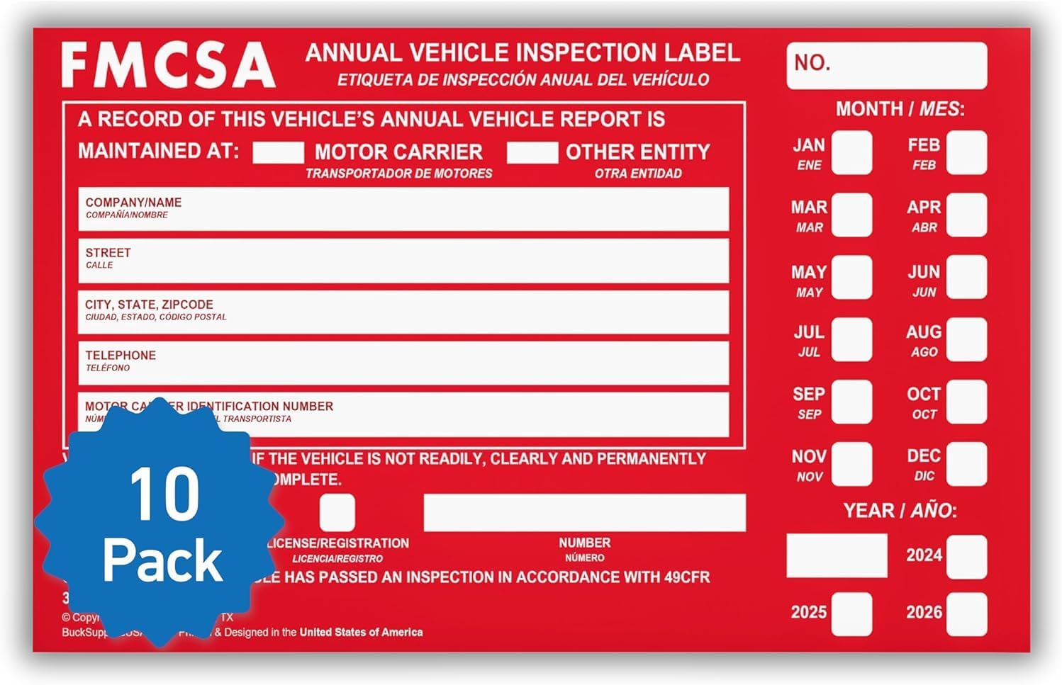 10 Pack Buck Aluminum Annual Vehicle Inspection Label with Punch Boxes, 2 Mil Red FMCSA Self Adhesive Sticker, DOT Compliant, Weatherproof, Tear Resistant, Easy to Write On, 6" x 3.5" - Made in USA