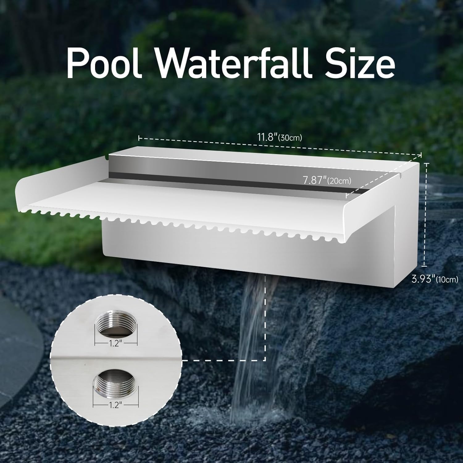 Pool Fountain Stainless Steel Pond Waterfall Spillway Kits for Indoor/Outdoor Decorative, 12 Inches Pool Water Feature for Garden Patio, Backyard Koi Pond Decor(No LED Light)