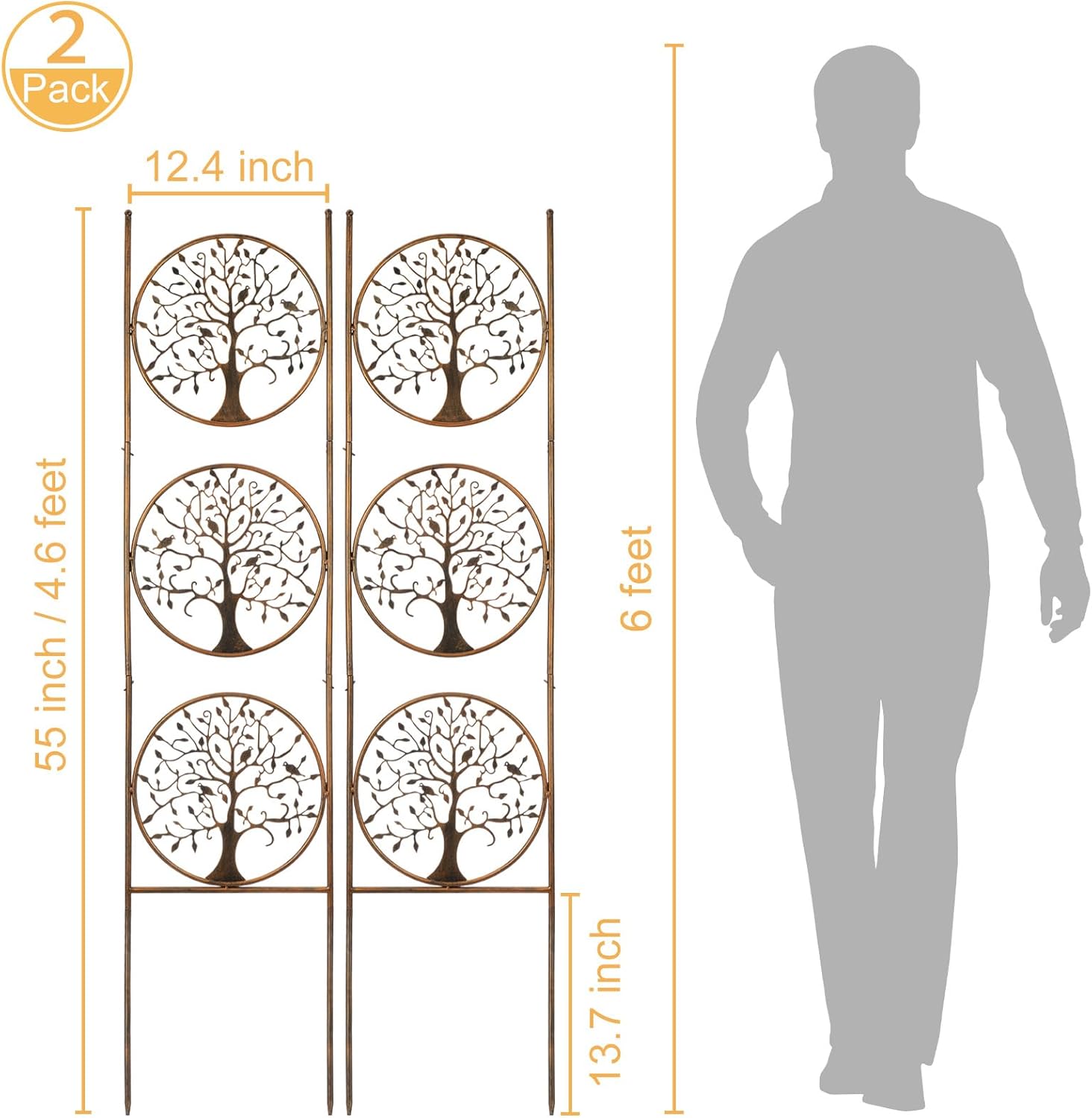 SUNNYPARK Set of 2 Tree in Life Metal Garden Trellis for Climbing Plants, Decorative Vegetables Flowers Vine Trellis for Outdoor Patio 55'' H x 12.4'' W