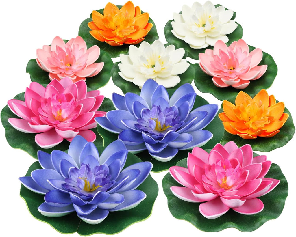 10PCS 3 Sizes Artificial Foam Lotus Floating Flowers with Water Lily Pad Ornaments for Home Garden Pond Decor Pools Water Decorations, Colorful