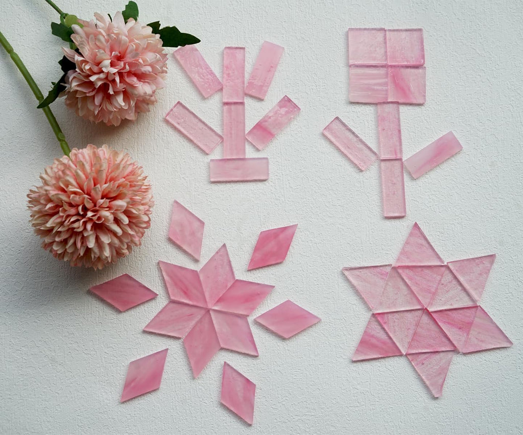 Crisp Texture Transparent Glass Mosaic Tiles, 200g Stained Glass Pieces, 4 Shapes Pre-Cut, Misty Pink