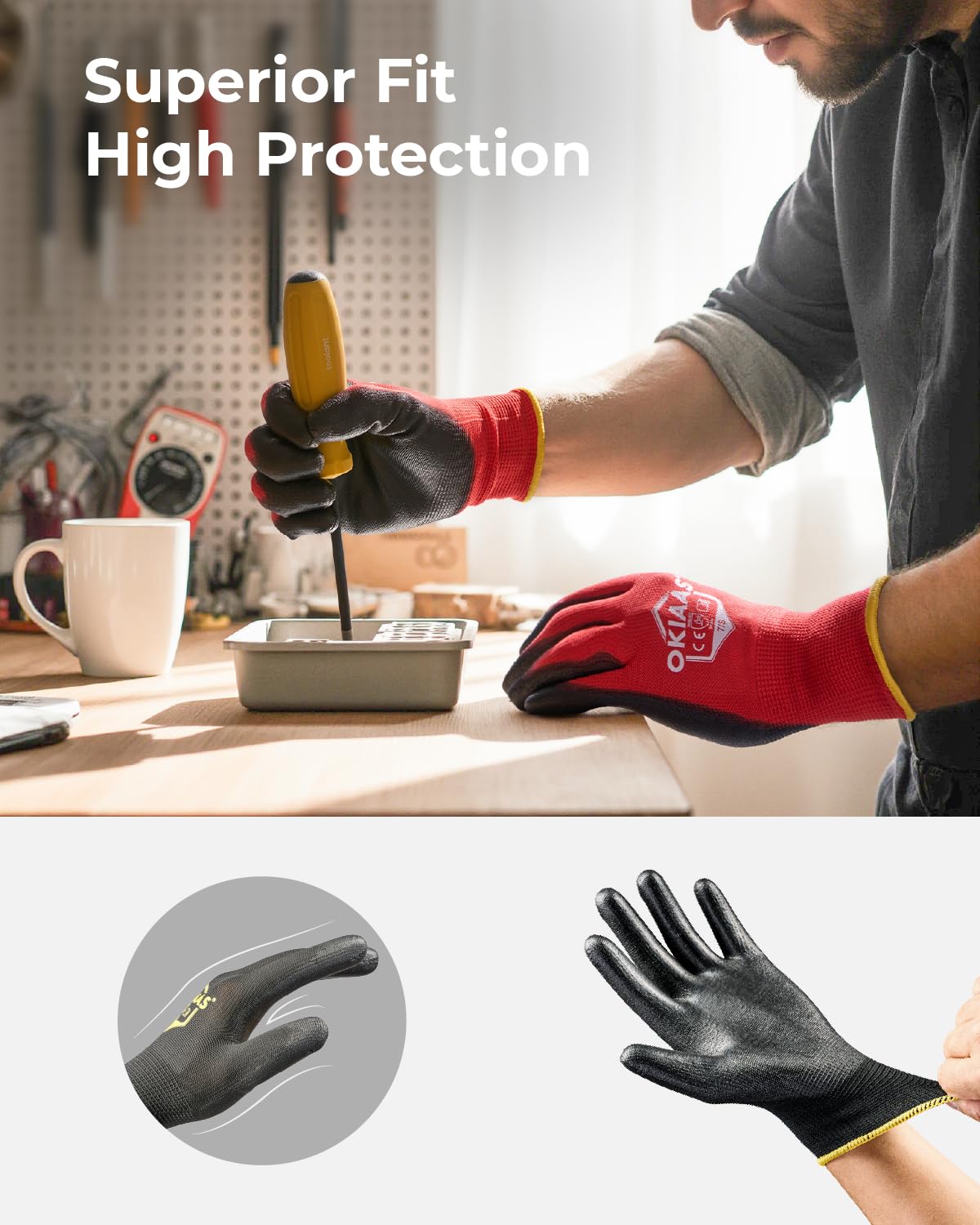 OKIAAS Work Gloves for Men，Ultra Thin and Lightweight Working Gloves with Grip, 12 Pairs Bulk Pack Construction Gloves with Polyurethane Coating for Light Duty Work (Black, XX-Large)