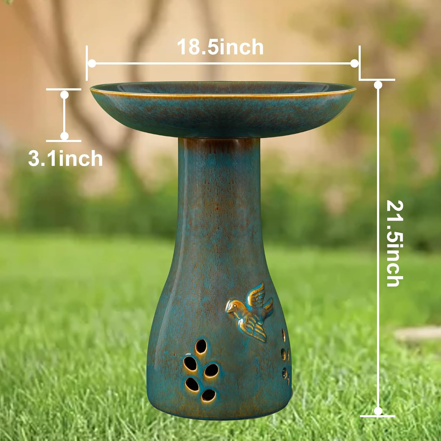 Ceramic Bird Bath for Outdoors, 21.5 inch Heavy Duty Bird Bath，Weather-Resistant Birdbath for Outdoor Garden Use, Attracts Birds, Elegant Yard Décor - Blue