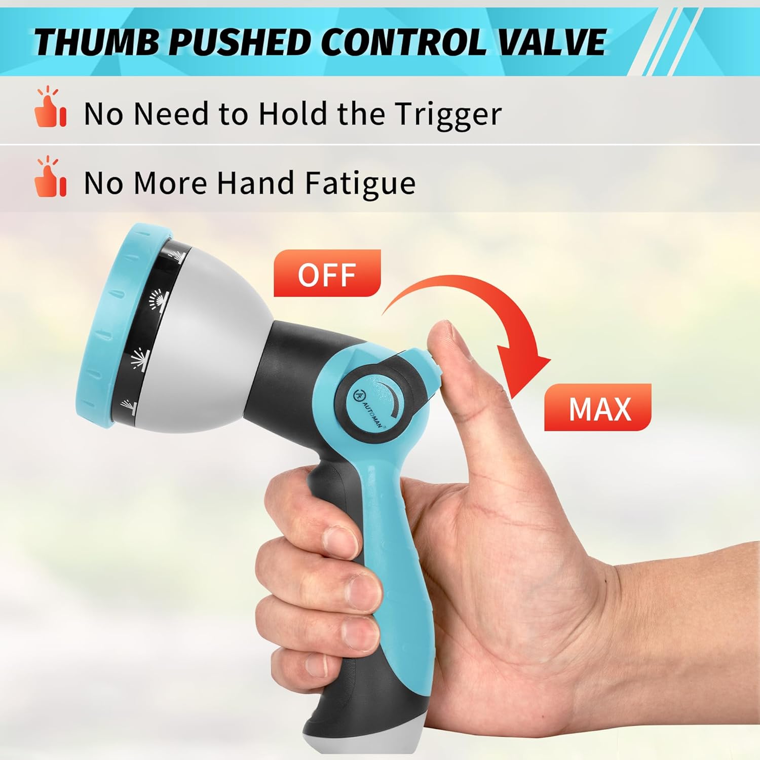 AUTOMAN Garden Hose Nozzle Sprayer - 10 Spray Patterns, High Pressure, Thumb Control On Off Valve, Metal Duty Water Nozzle, Extra 3 Washers, for Watering Garden, Cleaning, Washing Car, Showering Pets