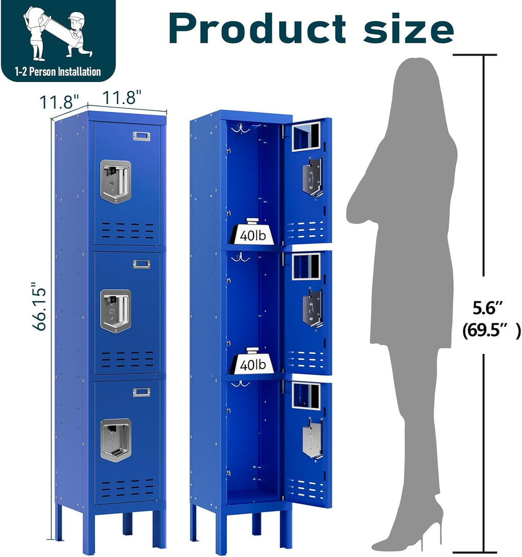 Metal Lockers - 66" Height Steel Lockers for Employees with 3 Door Storage Locker with Card Slot for Employees Gym School Home Office Garage - Assembly Required