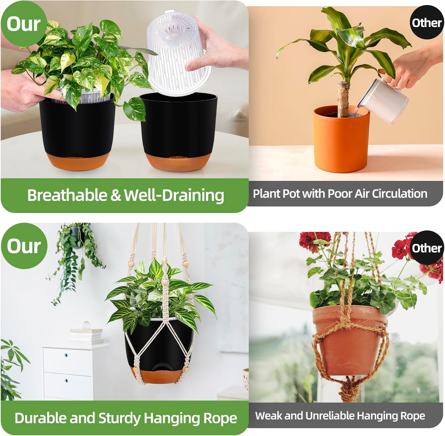 2-Pack 7.2-Inch Self-Watering Hanging Planters for Indoor & Outdoor Plants,34-Inch macrame hanger plant pots indoor with drainage,Small Hanging Planters & Baskets in Black,With two sets of hooks