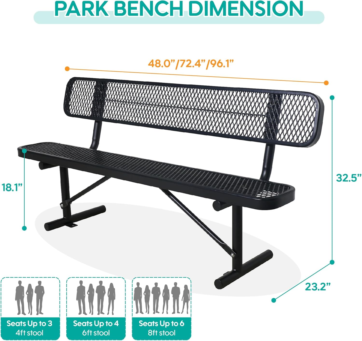 4FT Outdoor Steel Bench with Backrest - Heavy Duty Metal Park Bench, Coated Outdoor Furniture Patio Bench with Back, Commercial Benches for Garden, Porch, Shopping Malls, Stores,Decks and Park
