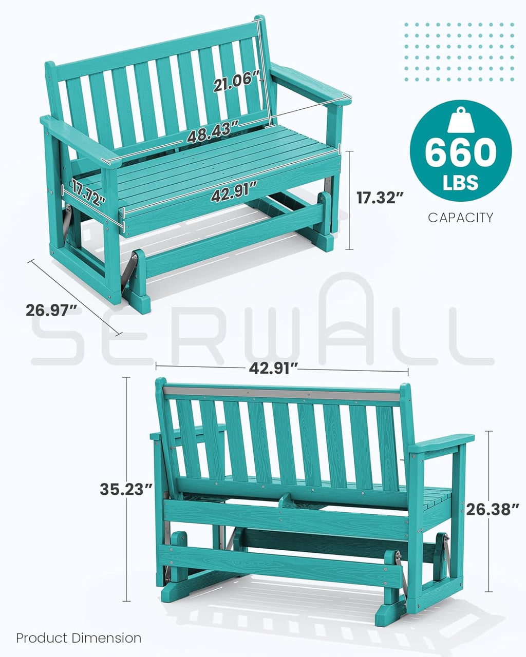 SERWALL Outdoor Glider Bench Set of 2, HDPE Weather-Resistant Swinging Bench for Backyard Garden Porch, Aruba