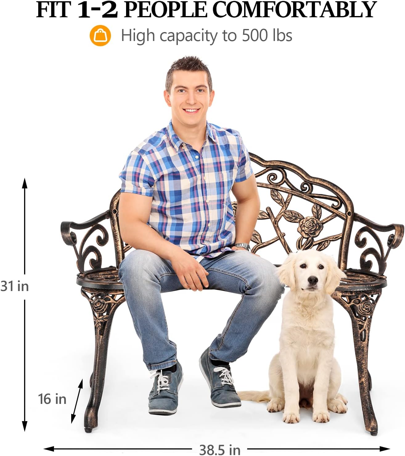 VINGLI 38.5" Patio Park Garden Outdoor Metal Rose Bench,Cast Iron Cast Aluminium Frame Antique Finish Chair,Accented Lawn Front Porch Path Yard Decor Deck Furniture for 2 Person Seat（Bronze