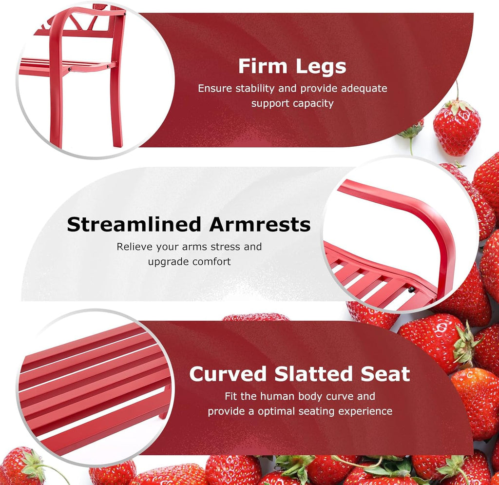 50” Strawberry Outdoor Garden Bench, Weatherproof Sturdy Cast Iron Metal Frame Patio Park Bench for Porch Yard Lawn Deck Park (Red Strawberry Style)
