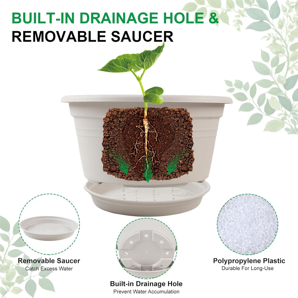 6 Pack 10 inch Plant Pot, Outdoor Pots for Plants with Drainage Hole & Tray Saucer, Round Plastic Plant Pot, Decoration Flower Pots for Indoor Plants Home Garden Outdoor Planters (Beige)