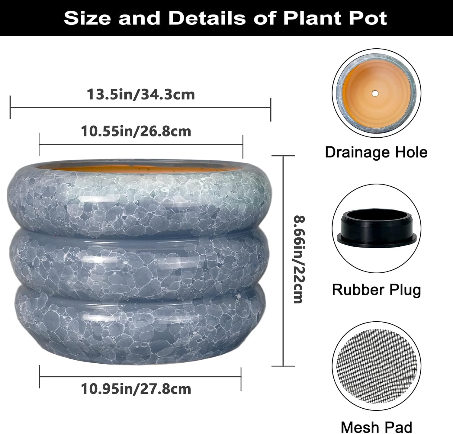 SQOWL Ceramic Planter 13.5 Inch - Large Plant Pot Indoor with Drainage Hole Outdoor Planter Round Flower Pot Modern Decorative Plant Pot for Home Office Decor Gray