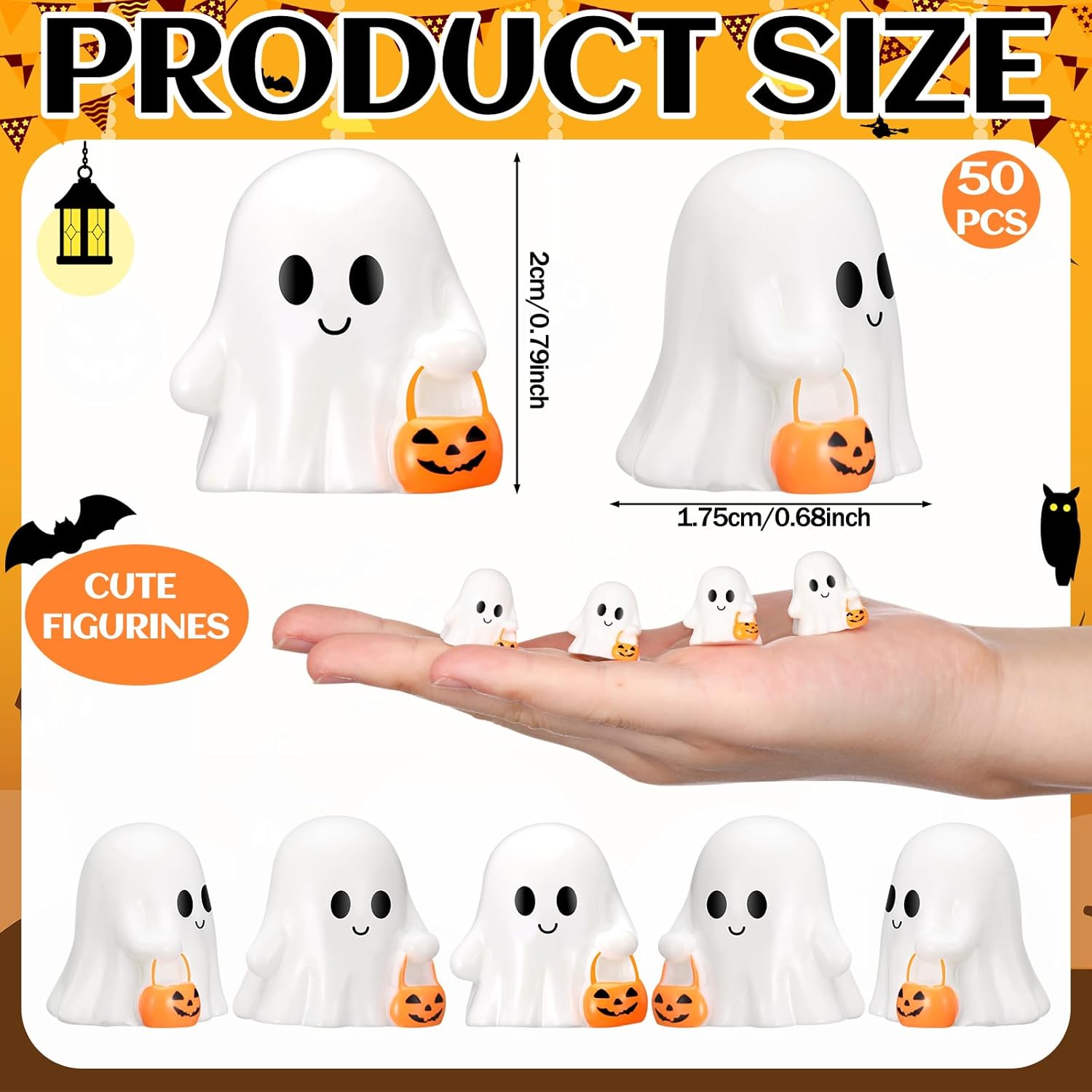 50 Pcs Halloween Mini Ghosts Figurines Resin Tiny Ghosts Miniatures Figures Ornaments for Halloween Party Outdoor Home Garden Decoration