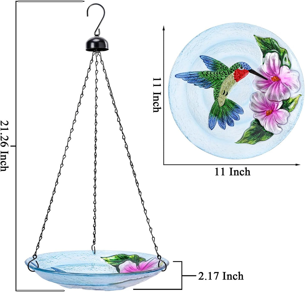 VCUTEKA Glass Hanging Bird Bath for Outdoors, BirdBaths with 21-Inch Rust-Proof Chain, Garden Yard Decor, Hummingbird Pattern