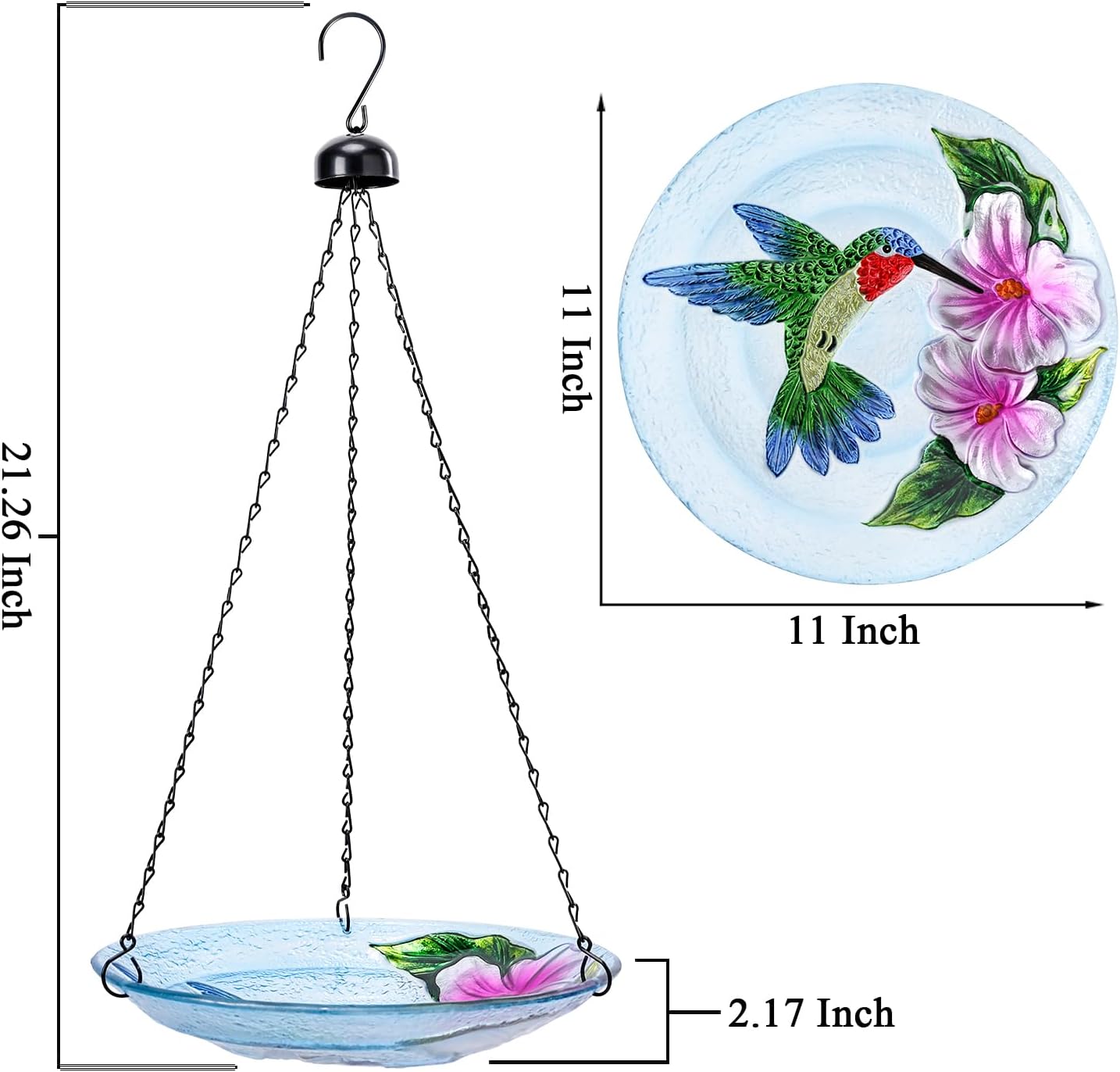 VCUTEKA Glass Hanging Bird Bath for Outdoors, BirdBaths with 21-Inch Rust-Proof Chain, Garden Yard Decor, Hummingbird Pattern