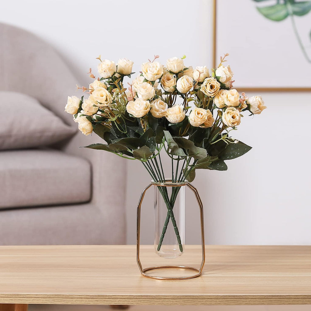 Duovlo 7 Branch 21 Mini Rose Heads Artificial Flowers Bouquet Wedding Home Office Decor,Pack of 2 (2 PCS Champagne)