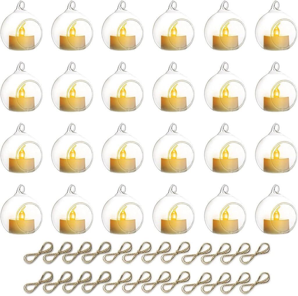 NUPTIO Hanging TeaLight Candle Holder: 24Pcs 2.36in Tree Tea Light Holders with LED Candles Small Glass Globes Ornament Clear Round Mini Terrarium Containers for Wedding Party Tree Decoration