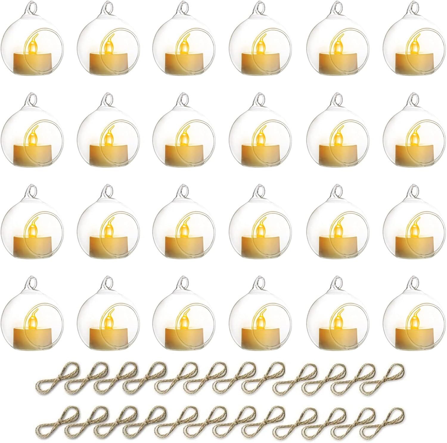 NUPTIO Hanging TeaLight Candle Holder: 24Pcs 2.36in Tree Tea Light Holders with LED Candles Small Glass Globes Ornament Clear Round Mini Terrarium Containers for Wedding Party Tree Decoration