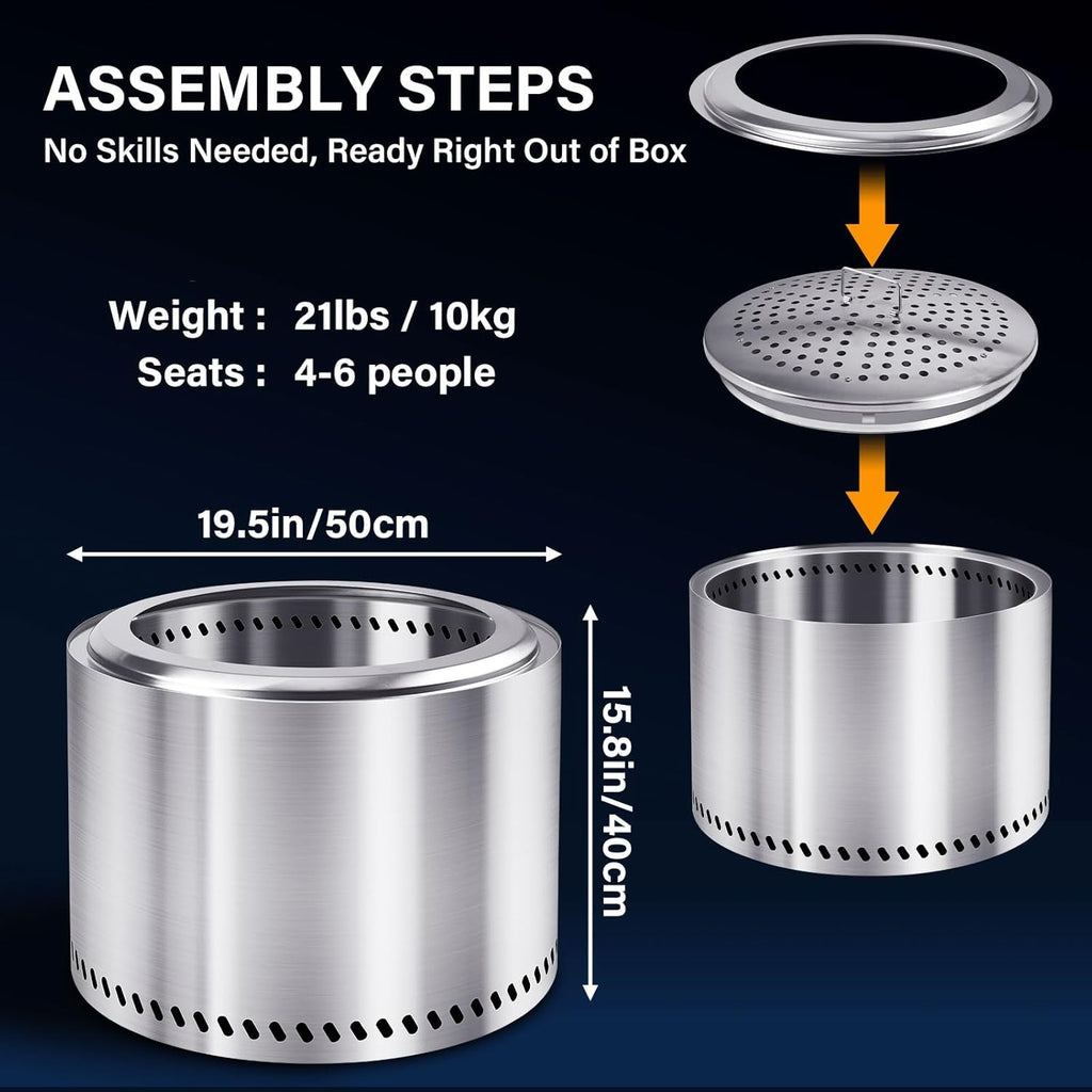 HGD 19.8" Smokeless Fire Pit Outdoor, Stainless Steel Wood Burning Firepit with Secondary Combustion, Backyard Patio Stove for Garden, BBQ & Bonfire