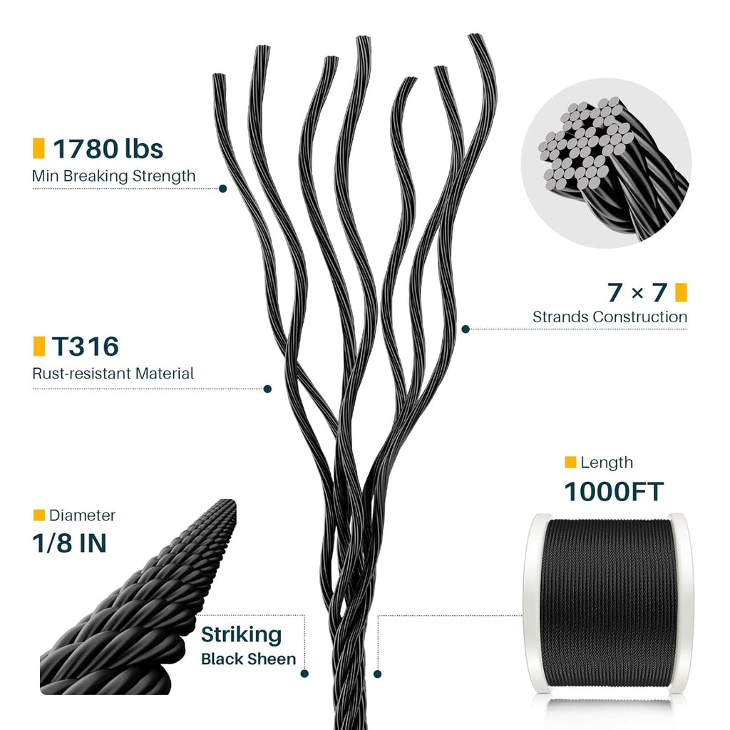 1000FT 1/8" Black T316 Stainless Steel Cable, 7x7 Strands Construction, Black Wire Rope Aircraft Cable for Indoor, Outdoor, Deck Fence Railing, and DIY Balustrades
