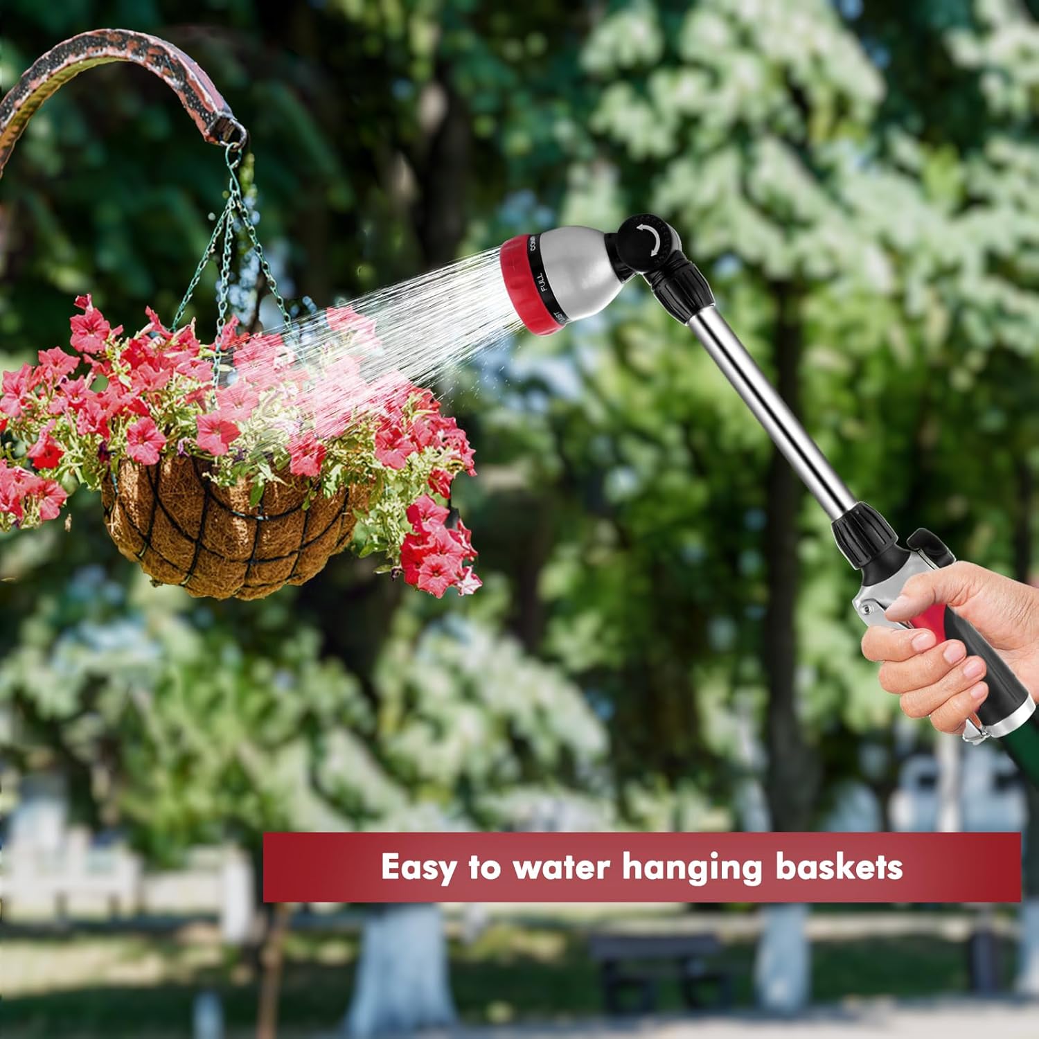 RESTMO Metal Watering Wand, Heavy Duty Garden Hose Wand with 180° Swivel Ratcheting Head, 16'' Hose Nozzle Sprayer with 7 Spray Patterns and Flow Control, for Water Hanging Baskets and Shrubs, Red